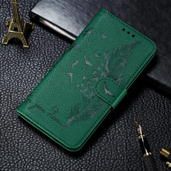 For iPhone SE 2022 / SE 2020 / 8 / 7 Feather Pattern Litchi Texture Horizontal Flip Leather Case with Wallet & Holder & Card Slots(Green)