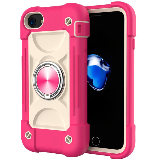 Shockproof Silicone + PC Protective Case with Dual-Ring Holder For iPhone 6/6s/7/8/SE 2022 / SE 2020(Rose Red)