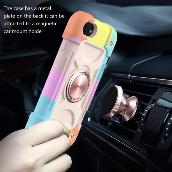 Shockproof Silicone + PC Protective Case with Dual-Ring Holder For iPhone 6/6s/7/8/SE 2022 / SE 2020(Colorful Rose Gold)