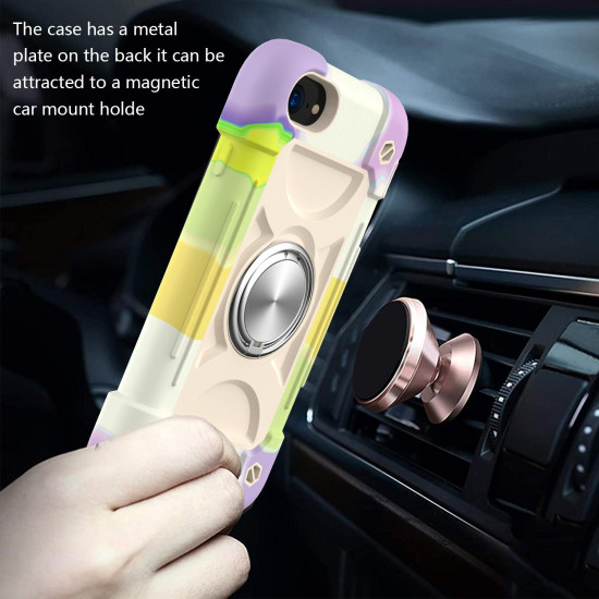 Shockproof Silicone + PC Protective Case with Dual-Ring Holder For iPhone 6/6s/7/8/SE 2022 / SE 2020(Colorful Beige)