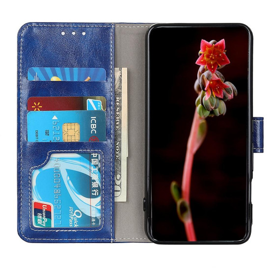 For iPhone SE 2022 / SE 2020 Vintage Crazy Horse PU + + Left and Right Leather Case with Photo Frame & Bracket & Front and Back Buckle(Blue)