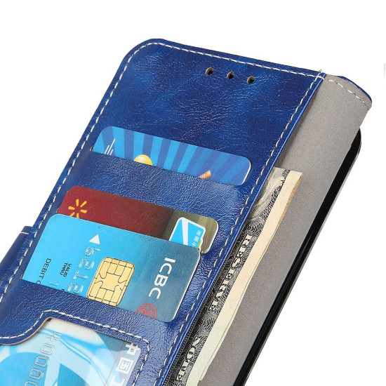 For iPhone SE 2022 / SE 2020 Vintage Crazy Horse PU + + Left and Right Leather Case with Photo Frame & Bracket & Front and Back Buckle(Blue)