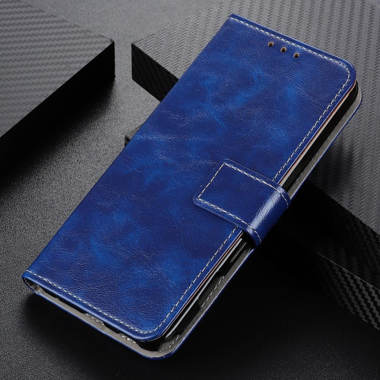 For iPhone SE 2022 / SE 2020 Vintage Crazy Horse PU + + Left and Right Leather Case with Photo Frame & Bracket & Front and Back Buckle(Blue)