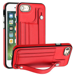 For iPhone SE 2022/SE 2020/6/7/8 Shockproof Leather Phone Case with Wrist Strap(Red)