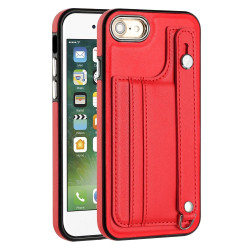 For iPhone SE 2022/SE 2020/6/7/8 Shockproof Leather Phone Case with Wrist Strap(Red)