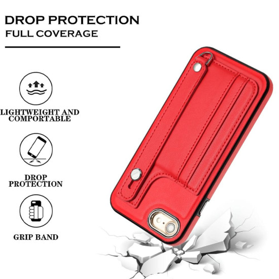 For iPhone SE 2022/SE 2020/6/7/8 Shockproof Leather Phone Case with Wrist Strap(Red)