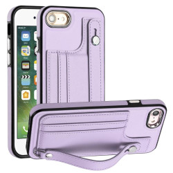 For iPhone SE 2022/SE 2020/6/7/8 Shockproof Leather Phone Case with Wrist Strap(Purple)