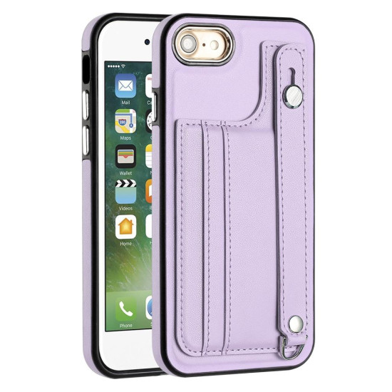 For iPhone SE 2022/SE 2020/6/7/8 Shockproof Leather Phone Case with Wrist Strap(Purple)