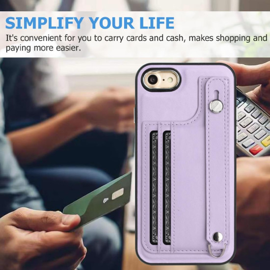 For iPhone SE 2022/SE 2020/6/7/8 Shockproof Leather Phone Case with Wrist Strap(Purple)