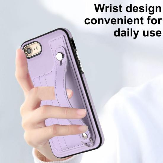 For iPhone SE 2022/SE 2020/6/7/8 Shockproof Leather Phone Case with Wrist Strap(Purple)