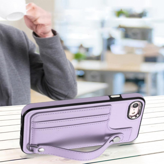 For iPhone SE 2022/SE 2020/6/7/8 Shockproof Leather Phone Case with Wrist Strap(Purple)