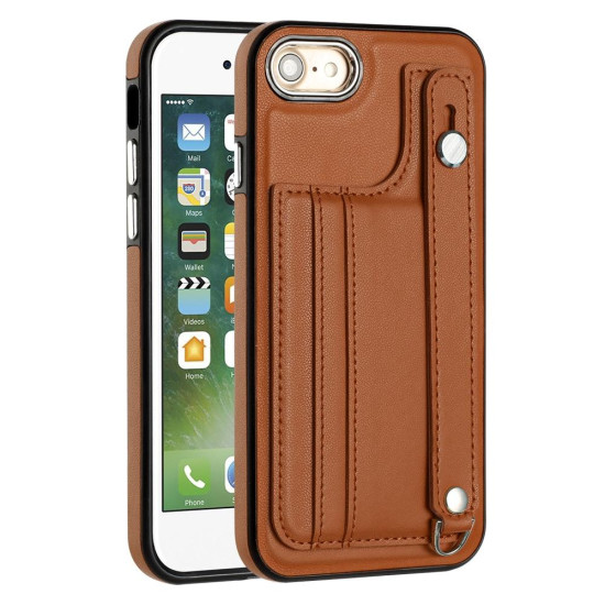 For iPhone SE 2022/SE 2020/6/7/8 Shockproof Leather Phone Case with Wrist Strap(Brown)