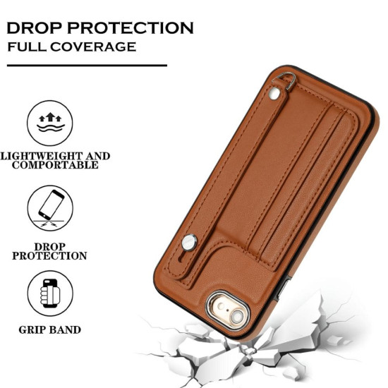 For iPhone SE 2022/SE 2020/6/7/8 Shockproof Leather Phone Case with Wrist Strap(Brown)