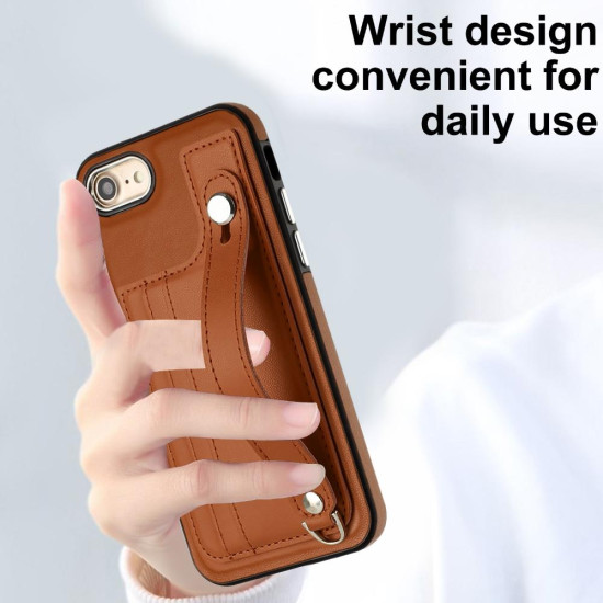 For iPhone SE 2022/SE 2020/6/7/8 Shockproof Leather Phone Case with Wrist Strap(Brown)