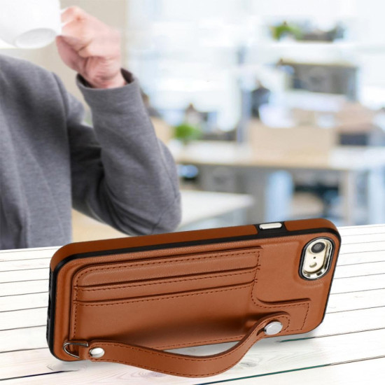 For iPhone SE 2022/SE 2020/6/7/8 Shockproof Leather Phone Case with Wrist Strap(Brown)