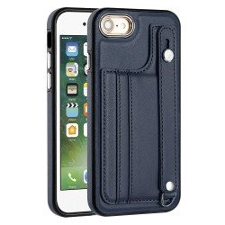 For iPhone SE 2022/SE 2020/6/7/8 Shockproof Leather Phone Case with Wrist Strap(Blue)