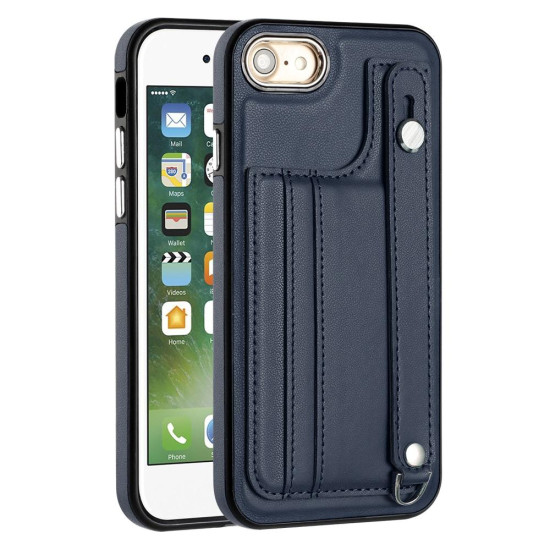 For iPhone SE 2022/SE 2020/6/7/8 Shockproof Leather Phone Case with Wrist Strap(Blue)
