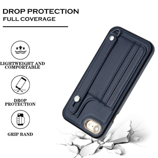 For iPhone SE 2022/SE 2020/6/7/8 Shockproof Leather Phone Case with Wrist Strap(Blue)