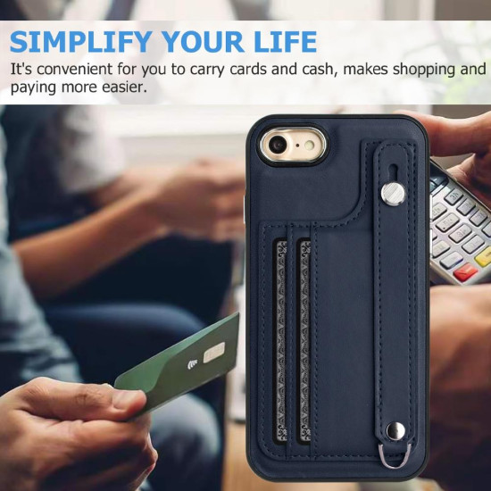 For iPhone SE 2022/SE 2020/6/7/8 Shockproof Leather Phone Case with Wrist Strap(Blue)