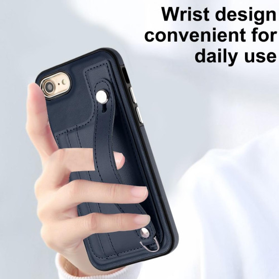 For iPhone SE 2022/SE 2020/6/7/8 Shockproof Leather Phone Case with Wrist Strap(Blue)