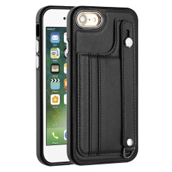 For iPhone SE 2022/SE 2020/6/7/8 Shockproof Leather Phone Case with Wrist Strap(Black)