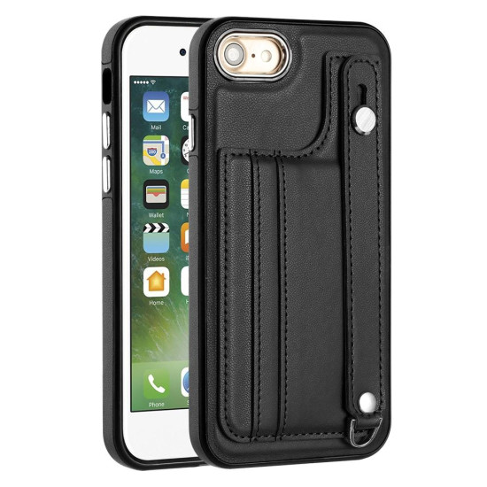 For iPhone SE 2022/SE 2020/6/7/8 Shockproof Leather Phone Case with Wrist Strap(Black)