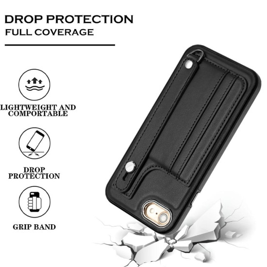 For iPhone SE 2022/SE 2020/6/7/8 Shockproof Leather Phone Case with Wrist Strap(Black)