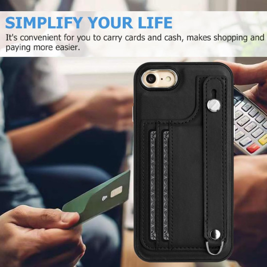 For iPhone SE 2022/SE 2020/6/7/8 Shockproof Leather Phone Case with Wrist Strap(Black)