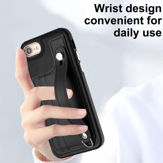 For iPhone SE 2022/SE 2020/6/7/8 Shockproof Leather Phone Case with Wrist Strap(Black)