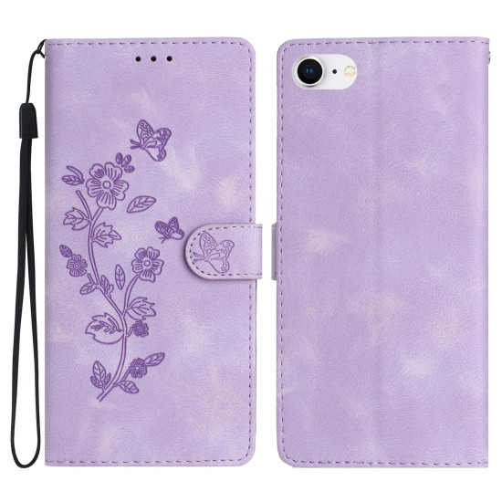 For iPhone SE 2022/2020 / 8 / 7 / 6 Flower Butterfly Embossing Pattern Leather Phone Case(Purple)