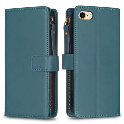 For iPhone SE 2022/SE 2020 / 8 / 7 9 Card Slots Zipper Wallet Leather Flip Phone Case(Green)