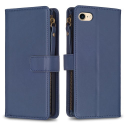 For iPhone SE 2022/SE 2020 / 8 / 7 9 Card Slots Zipper Wallet Leather Flip Phone Case(Blue)