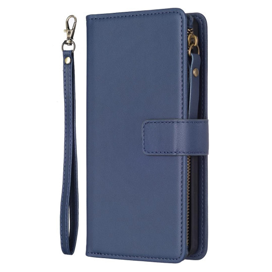 For iPhone SE 2022/SE 2020 / 8 / 7 9 Card Slots Zipper Wallet Leather Flip Phone Case(Blue)