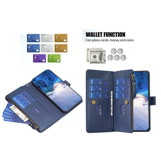 For iPhone SE 2022/SE 2020 / 8 / 7 9 Card Slots Zipper Wallet Leather Flip Phone Case(Blue)