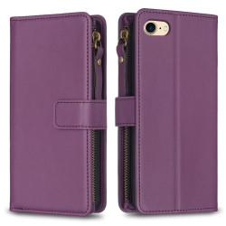 For iPhone SE 2022/SE 2020 / 8 / 7 9 Card Slots Zipper Wallet Leather Flip Phone Case(Dark Purple)