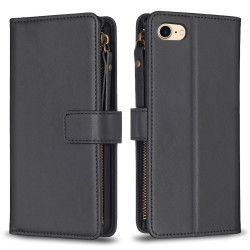 For iPhone SE 2022/SE 2020 / 8 / 7 9 Card Slots Zipper Wallet Leather Flip Phone Case(Black)