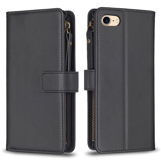 For iPhone SE 2022/SE 2020 / 8 / 7 9 Card Slots Zipper Wallet Leather Flip Phone Case(Black)