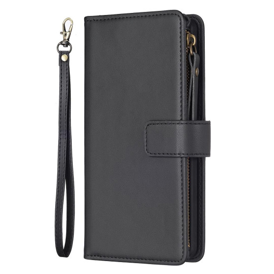 For iPhone SE 2022/SE 2020 / 8 / 7 9 Card Slots Zipper Wallet Leather Flip Phone Case(Black)