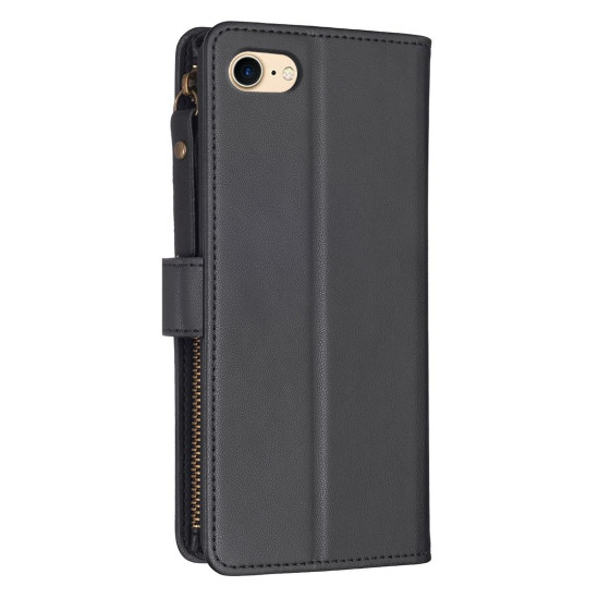 For iPhone SE 2022/SE 2020 / 8 / 7 9 Card Slots Zipper Wallet Leather Flip Phone Case(Black)