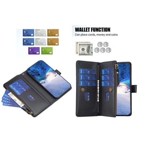 For iPhone SE 2022/SE 2020 / 8 / 7 9 Card Slots Zipper Wallet Leather Flip Phone Case(Black)