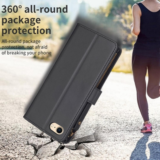 For iPhone SE 2022/SE 2020 / 8 / 7 9 Card Slots Zipper Wallet Leather Flip Phone Case(Black)