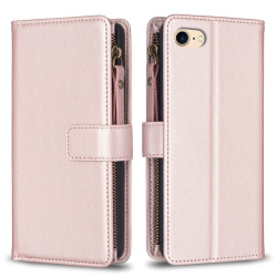 For iPhone SE 2022/SE 2020 / 8 / 7 9 Card Slots Zipper Wallet Leather Flip Phone Case(Rose Gold)