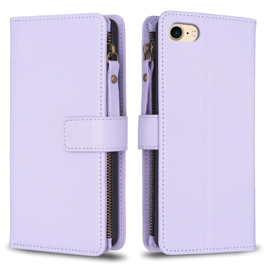 For iPhone SE 2022/SE 2020 / 8 / 7 9 Card Slots Zipper Wallet Leather Flip Phone Case(Light Purple)