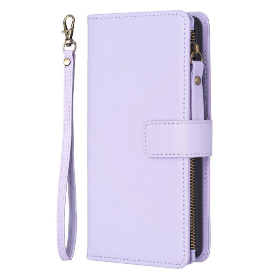 For iPhone SE 2022/SE 2020 / 8 / 7 9 Card Slots Zipper Wallet Leather Flip Phone Case(Light Purple)
