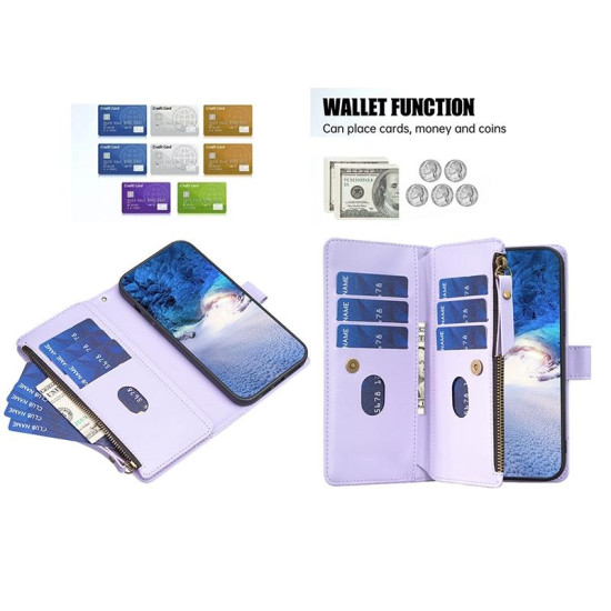 For iPhone SE 2022/SE 2020 / 8 / 7 9 Card Slots Zipper Wallet Leather Flip Phone Case(Light Purple)