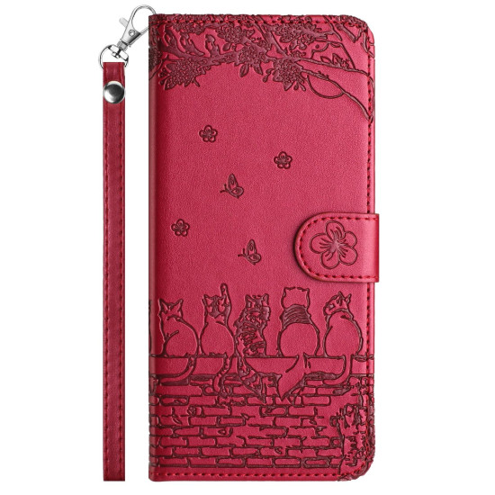 For iPhone 7 / 8 / SE 2020 / SE 2022 Cat Embossing Pattern Leather Phone Case with Lanyard(Red)