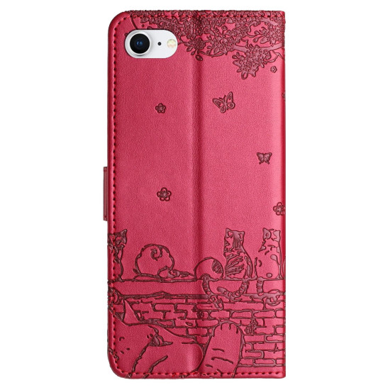 For iPhone 7 / 8 / SE 2020 / SE 2022 Cat Embossing Pattern Leather Phone Case with Lanyard(Red)