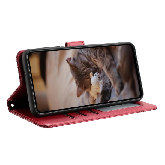 For iPhone 7 / 8 / SE 2020 / SE 2022 Cat Embossing Pattern Leather Phone Case with Lanyard(Red)
