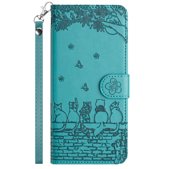 For iPhone 7 / 8 / SE 2020 / SE 2022 Cat Embossing Pattern Leather Phone Case with Lanyard(Blue)