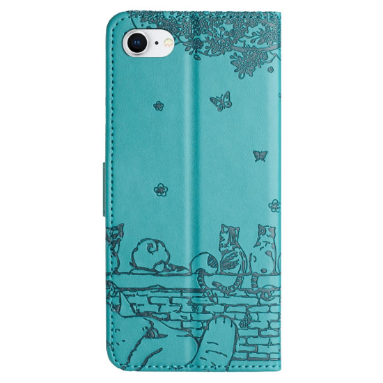 For iPhone 7 / 8 / SE 2020 / SE 2022 Cat Embossing Pattern Leather Phone Case with Lanyard(Blue)